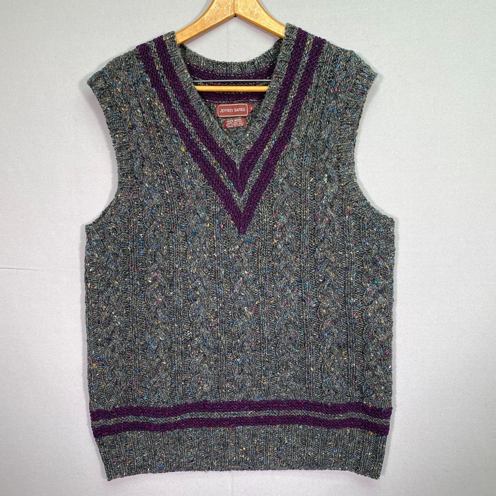 Jeffrey Banks Sweater Vest XL 100% Wool Handknit Donegal Cable Knit Gray Mens